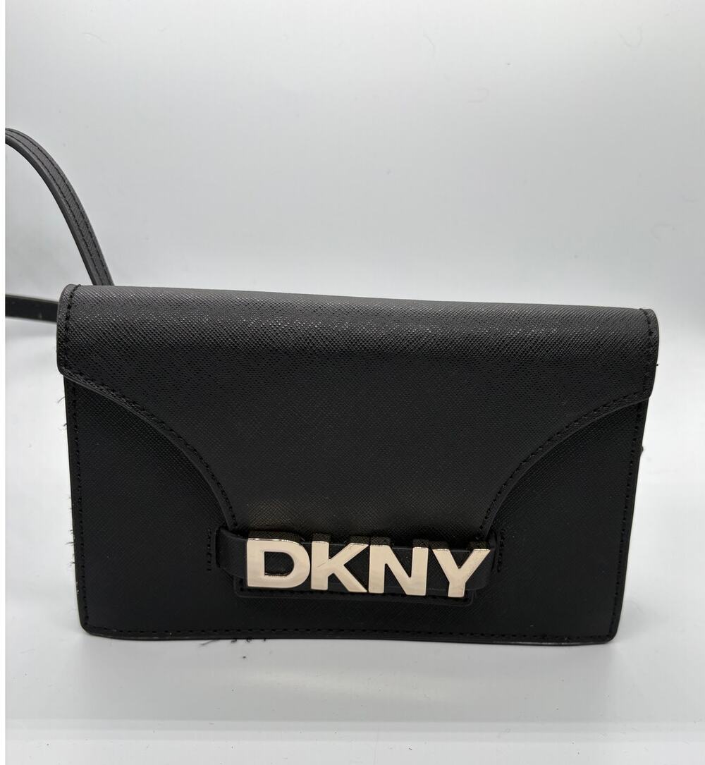 DKNY Black Saffiano Crossbody Bag Gold Logo Small Shoulder Purse
